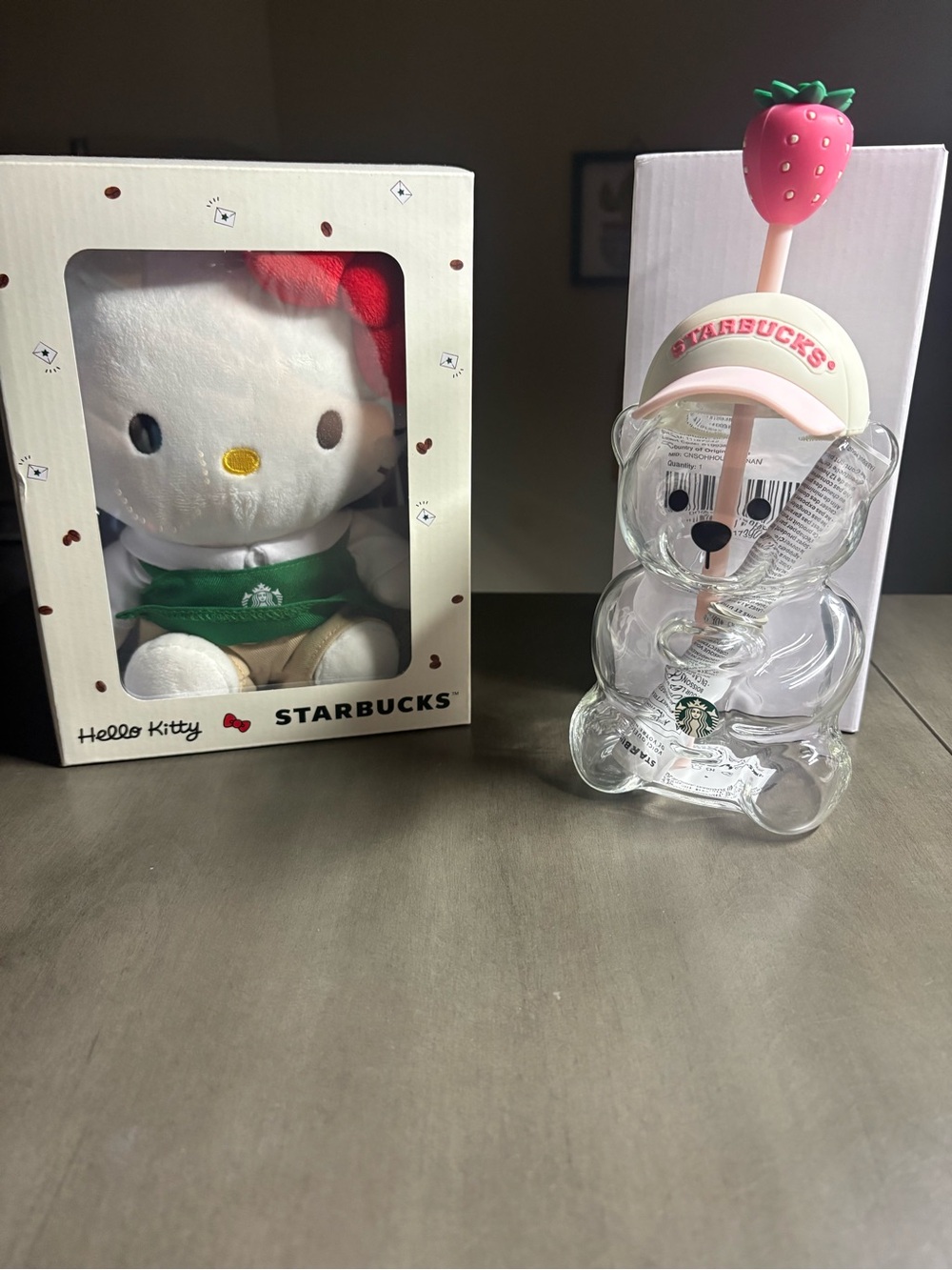 RARE! Starbucks White & Green Hello Kitty Plush with Clear Strawberry Bear Cup